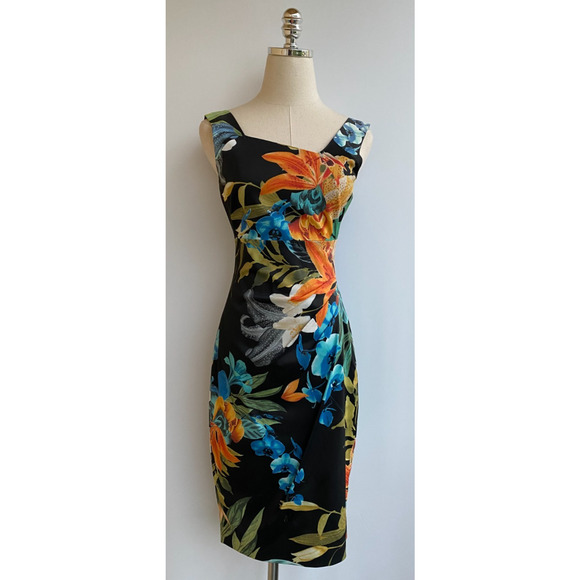 Karen Millen Bright Floral Lily Knee Length Asymmetric Dress US 6 - Picture 1 of 10